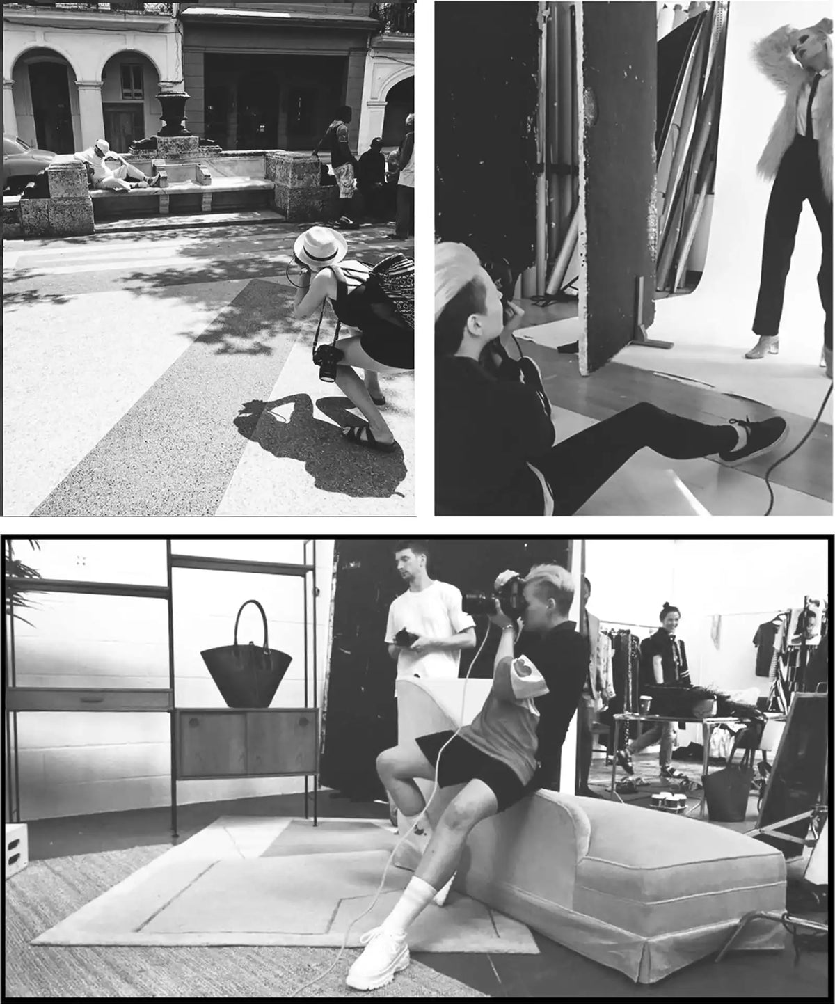 Three black-and-white photos showing photographers working on indoor and outdoor photo shoots.