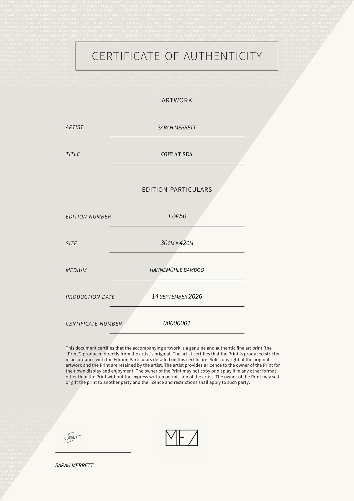 Out at Sea — Certificate of Authenticity